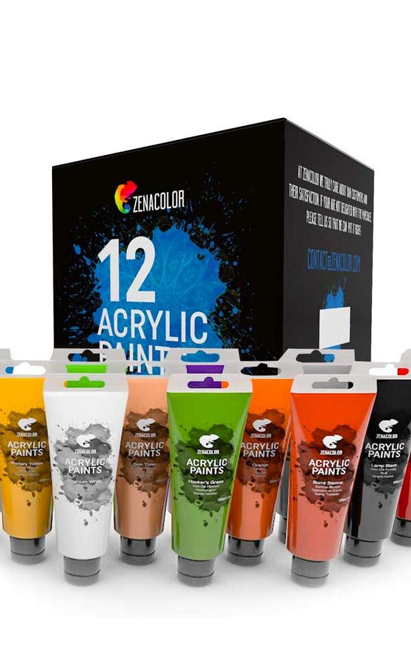 Zenacolor - Kit de 12 Peintures Acryliques - 12 Tubes de 120ml, 12 Couleurs, Peintures pour Toiles, Bois, Loisirs Créatifs, pour Adultes et Enfants.